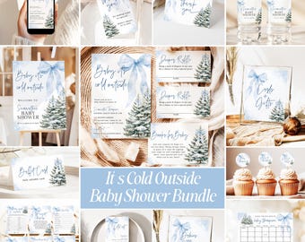 May include: A baby shower stationery bundle featuring a winter theme with watercolor blue bows and pine trees. Includes invitations, diaper raffle cards, book request cards, water bottle labels, signage, cupcake toppers, and game cards with text.