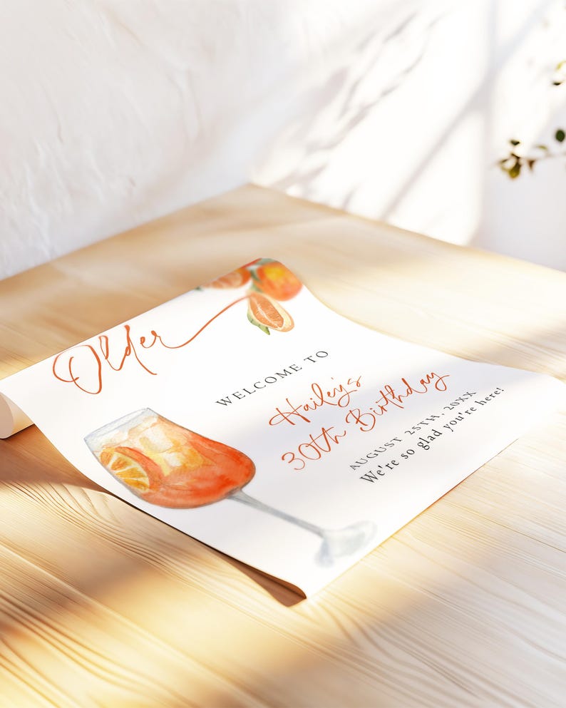 May include: A watercolor-style birthday party sign with an Aperol Spritz illustration. The sign reads "Welcome to Hailey's 30th Birthday" with the date and a welcoming message. The design features orange and red hues.