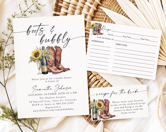 Boots And Bubbly Bridal Shower Invitation Bundle, Western Bridal Shower, Sunflower Bridal Brunch Invitation Set, Editable Invite Template CB