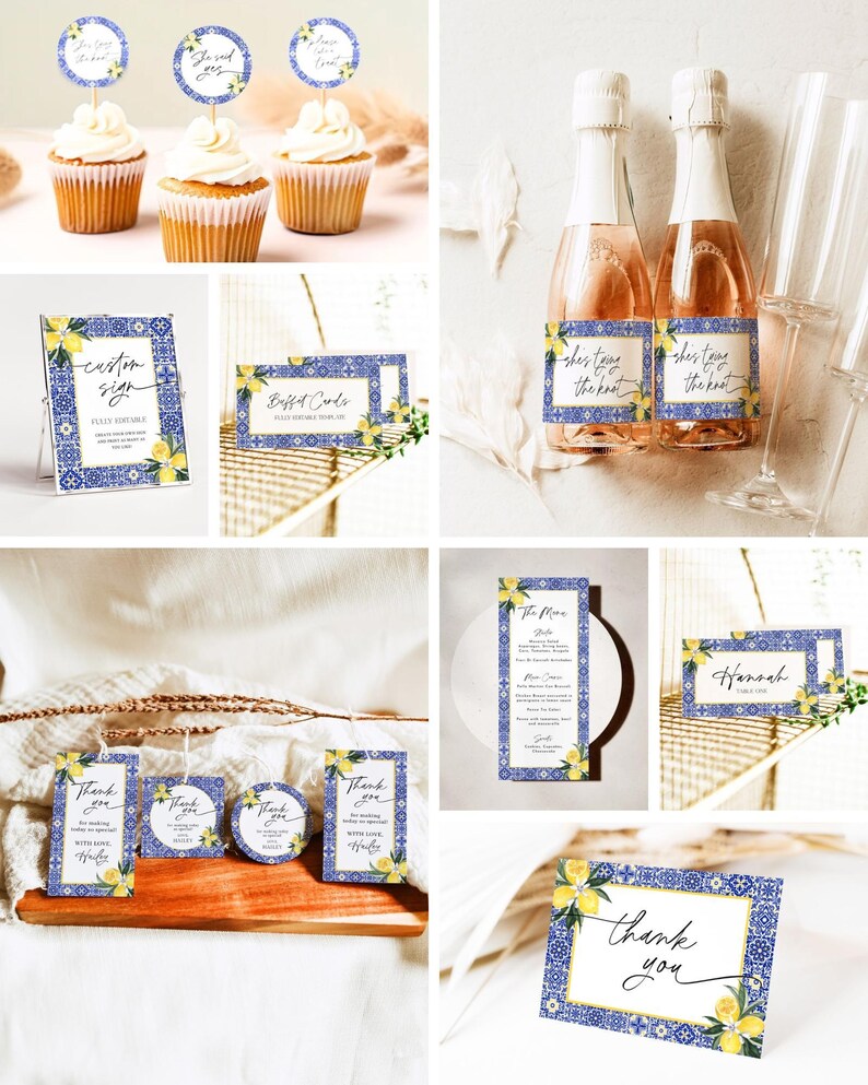 Mediterranean Lemon Bridal Shower Invitation Template Bundle Editable Italian Blue Tiles Frame Invites DIY Main Squeeze Positano Wedding, DB image 5