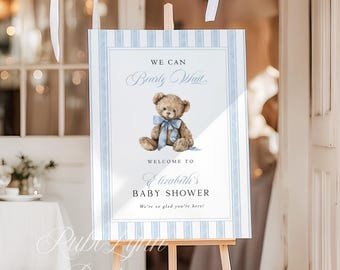 Teddy Bear Baby Shower Welcome Sign We Can Bearly Wait Baby Shower Sign Blue Bow Boy Baby Shower Entrance Poster Editable Template B6