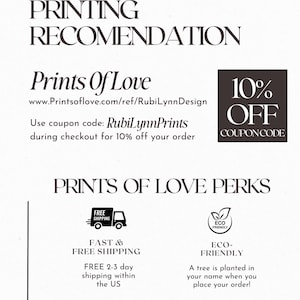May include: A promotional graphic with the text "PRINTING RECOMENDATION" and "Prints Of Love." It includes a coupon code for 10% off and details on free shipping within the US and eco-friendly practices.