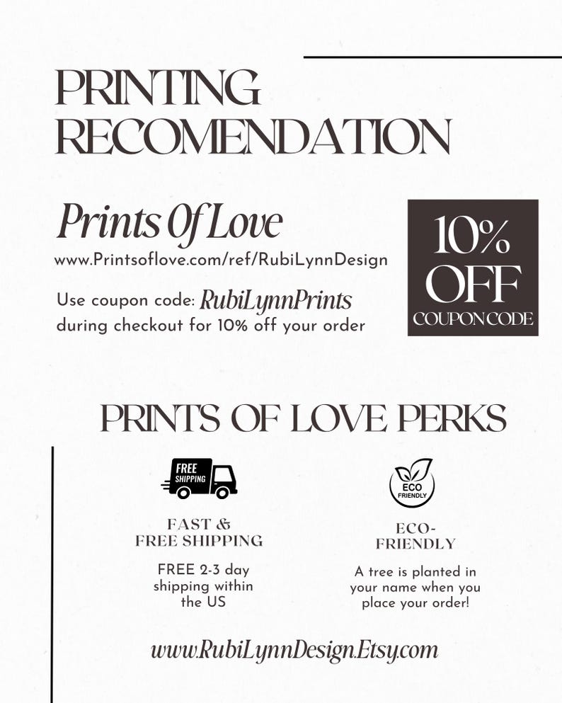 May include: A promotional graphic with the text "PRINTING RECOMENDATION" and "Prints Of Love." It includes a coupon code for 10% off and details on free shipping within the US and eco-friendly practices.