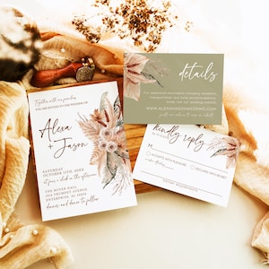 Boho Wedding Invitation Template Set, Rustic Wedding Invitation, Pampas Grass Invitation, Rust Wedding Invitation Set, Floral Wedding Invite