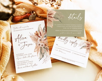 Boho Wedding Invitation Template Set, Rustic Wedding Invitation, Pampas Grass Invitation, Rust Wedding Invitation Set, Floral Wedding Invite