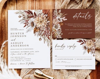 Fall Wedding Invitation Suite, Boho Terracotta Wedding Invites, Rustic Autumn Leaves Wedding Invite, Editable Wedding Invite Template, FW