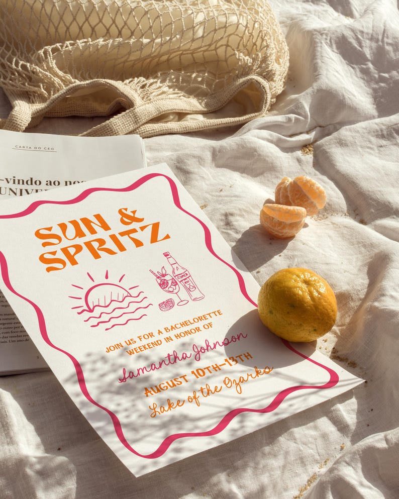 Mall för resplan för möhippa och svensexa med Sun and Spritz-helg, redigerbar handritad Aperol-inbjudan, handskrivna inbjudningar till strandfest bild 4