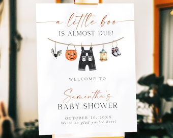 Halloween-Babyparty-Willkommensschild, A Little Boo Is fast Due Babyparty-Willkommensplakat, bearbeitbares Ghost-Babyparty-Willkommensschild, BO
