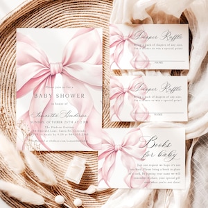 Blush Pink Bow Baby Shower Invitation Elegant Baby Girl Shower Invite ...
