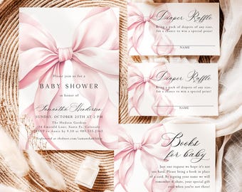 Blush Pink Bow Baby Shower Invitation Elegant Baby Girl Shower Invite Set Pink Coquette Bow Baby Shower Printed & Shipped X4