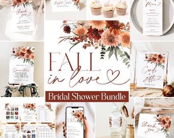 Fall in Love Bridal Shower Invitation + Games Bundle, Fall Floral Bridal Shower, Terracotta and Sage Green Rustic Bridal Shower Games, J8