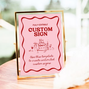 Pink + Red Wavy Border Bridal Shower Sign Template, DIY Editable Hand Drawn Doodle Signage, Whimsical Retro Squiggle Line Custom Sign, PR