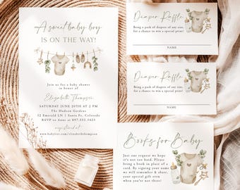 Boy Baby Shower Invitation Template Boho Sweet Baby Boy Invites Green Gender Neutral Invite Set Baby Sprinkle Bundle Editable Template BB