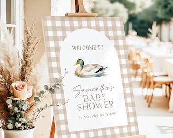 Mallard Duck Baby Shower Welcome Sign, Beige Plaid Mallard Duck Entrance Poster, Duck Hunting Theme Baby Shower Decor, Printed + Shipped MD