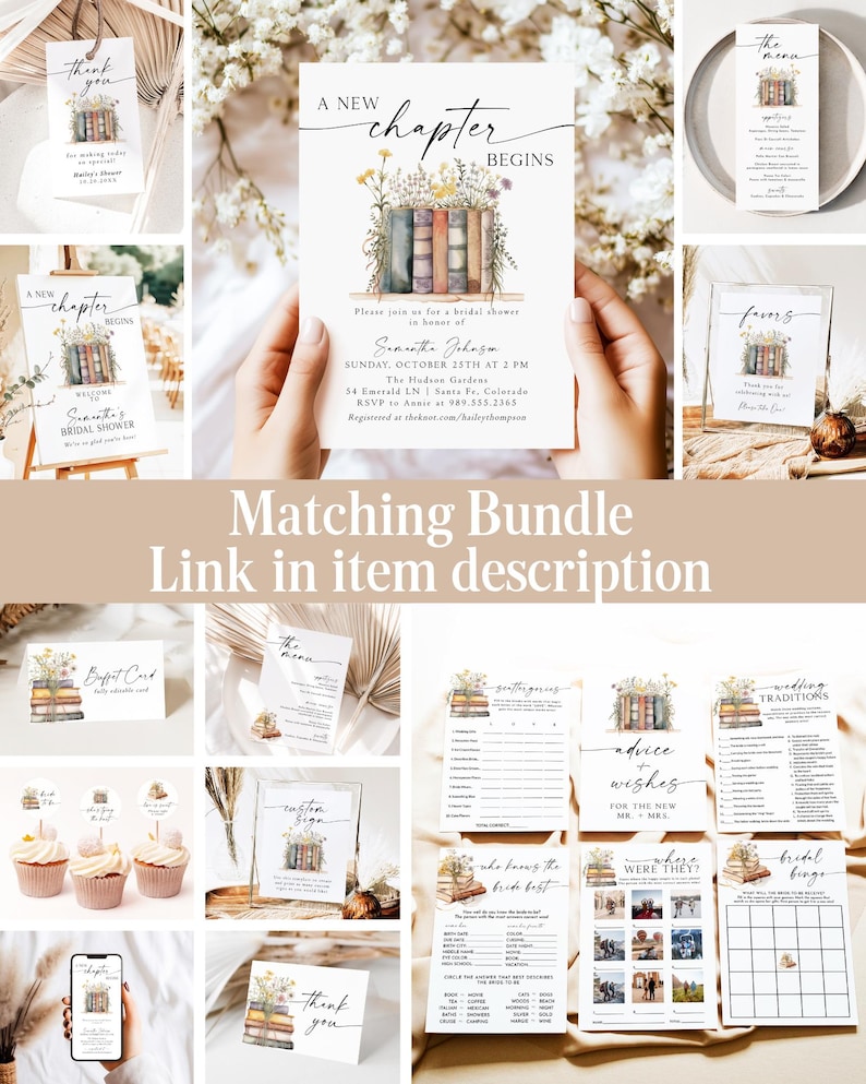 May include: A collection of stationery items for a bridal shower, including invitations, thank you cards, and games. The design features watercolor illustrations of books and flowers, with the text "A New Chapter Begins".