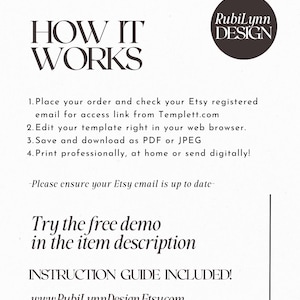 May include: How it works text with instructions on how to use a digital template. The text includes the website address www.RubiLynnDesign.Etsy.com. The text is in black on a white background.
