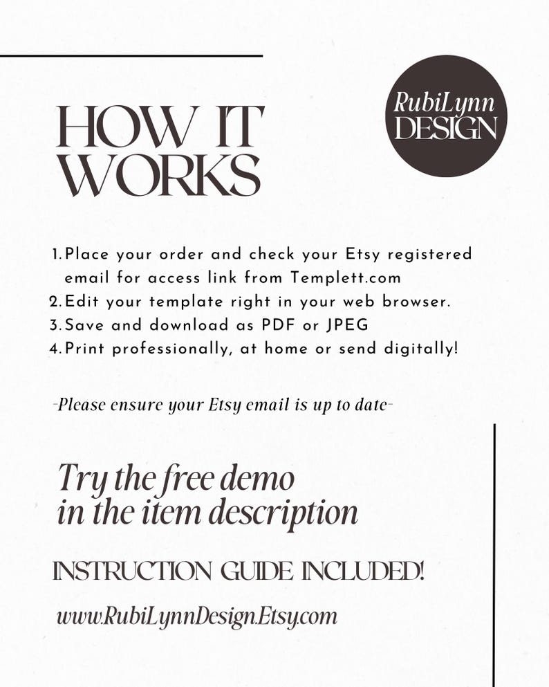 May include: How it works text with instructions on how to use a digital template. The text includes the website address www.RubiLynnDesign.Etsy.com. The text is in black on a white background.