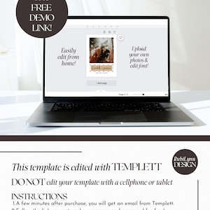 May include: A laptop displays a wedding invitation template with a photo and text. The screen shows the words "Easily edit from home!" and "Upload your own photos & edit font!" The template is edited with TEMPLETT. The image also includes instructions.