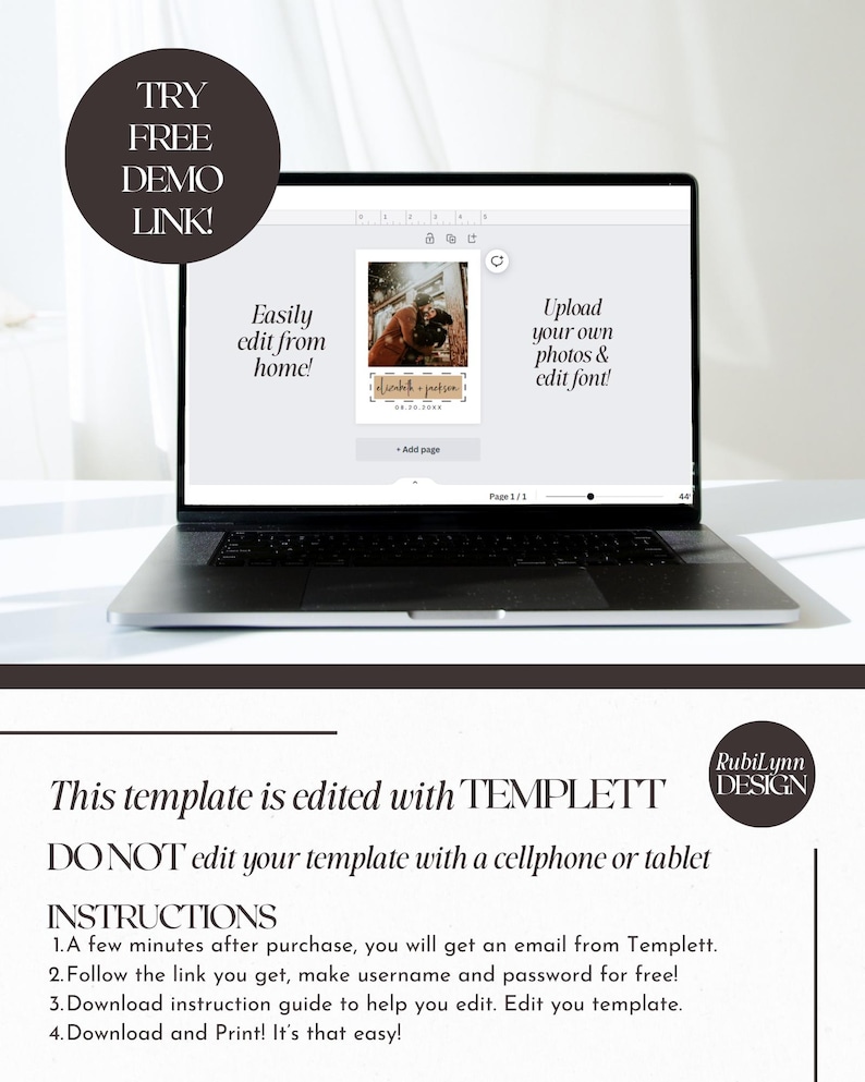 May include: A laptop displays a wedding invitation template with a photo and text. The screen shows the words "Easily edit from home!" and "Upload your own photos & edit font!" The template is edited with TEMPLETT. The image also includes instructions.