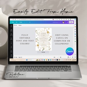 K&ouml;nnte beinhalten: Ein Laptop-Bildschirm zeigt eine Canva-Designvorlage f&uuml;r eine Hochzeitseinladung. Die Vorlage zeigt ein florales Design mit dem Text "LOVE in Bloom" und den Namen "Olivia Garcia" und "[Date]" in einer hellbraunen Schriftart. Der Text "EDIT USING CANVA ON COMPUTER OR CELLPHONE!" wird unterhalb der Vorlage angezeigt. Das Canva-Logo ist in der unteren rechten Ecke des Bildschirms sichtbar.
