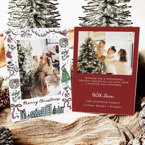 Plantilla de tarjeta navideña con foto caprichosa, tarjeta navideña con lazo de cinta imprimible, tarjeta simple de Año Nuevo con imagen, postal dibujada a mano MC