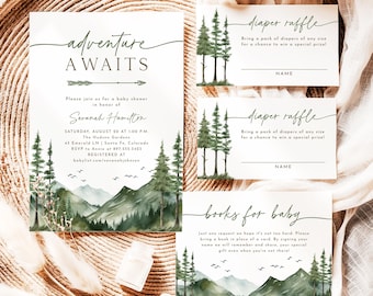 Mountain Baby Shower Invitation Bundle Adventure Awaits Oh Boy Let the Adventure Begin Forest Baby Brunch Invite Set Editable Template AA