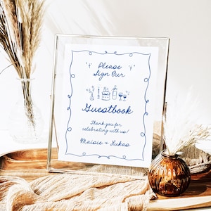 Guestbook Table Sign Template, Quirky Hand Drawn Illustration Wedding, French Whimsical Doodle Shower Signs, Bridal Baby Shower, PR
