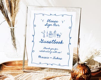 Guestbook Table Sign Template, Quirky Hand Drawn Illustration Wedding, French Whimsical Doodle Shower Signs, Bridal Baby Shower, PR
