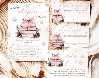 Pink Bow Winter Baby Shower Invitation A New Chapter Begins Holiday Baby Shower Editable Storybook Snowflake Holiday Shower Invite NCP