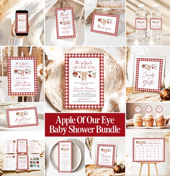 Apple Baby Shower Invitation Bundle The Apple of Our Eye Baby Shower Games Homegrown Red Plaid Baby Shower Sign Set Editable Template AP