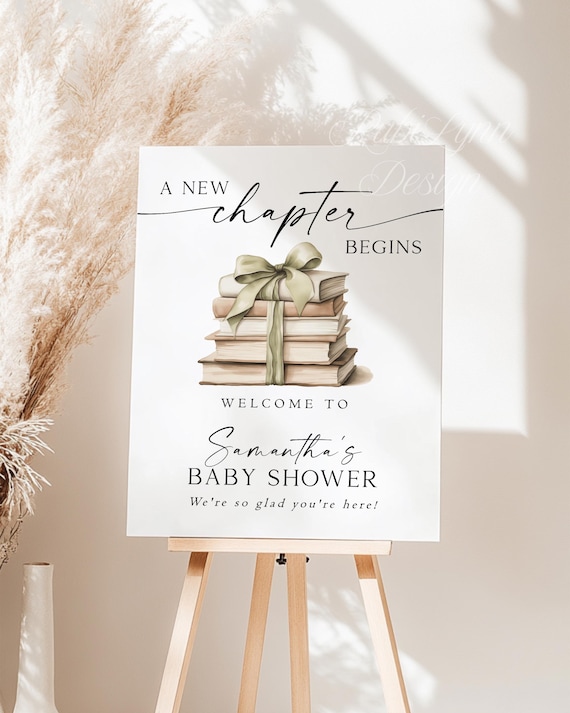 New Chapter Baby Shower Welcome Sign Template, Storybook Theme Editable Poster, Green Bow Book Themed Party Sign, A New Story Begins, GB