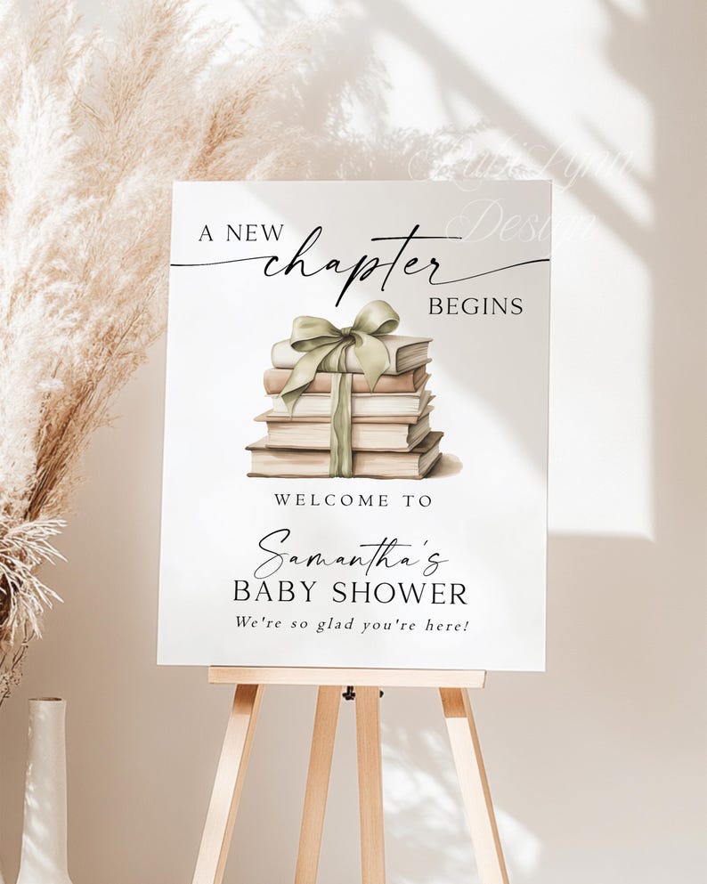 Szablon powitalnego napisu na baby shower z nowym rozdziałem, edytowalny plakat z motywem bajki, zielony napis na przyjęciu z motywem książki z kokardą, początek nowej historii, Wielka Brytania zdjęcie 1