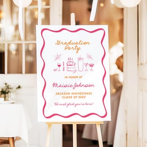 Whimsical Hand Drawn Graduation Party Sign Handwritten Wavy Border Graduate Poster Template Doodle Sketch Printable Event Signage PR