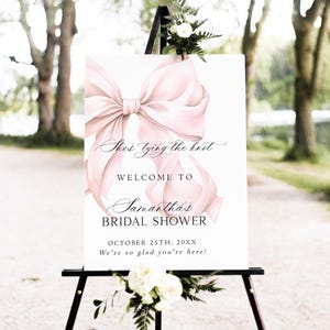 Shes Tying The Knot Bridal Shower Welcome Sign, Pink Bow Bridal Shower Entrance Sign Template, Blush Pink Ribbon Printable Poster, X3