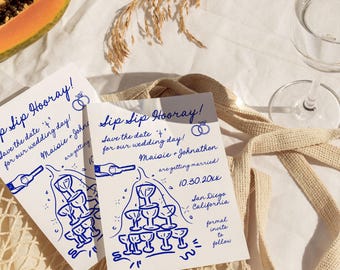 Save The Date Template, Hand Drawn Parisian Champagne Tower Invitation, Quirky Handwritten Whimsical Vintage Doodle Wedding Announcement PR