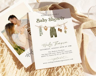 Boy Baby Shower Invitation Template, Digital Baby Shower Invites, Sage Green Baby Invite, Boho Gender Neutral Bundle, Editable Template, Z1