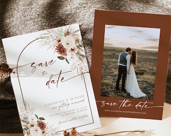May include: Two rectangular save the date cards. One card features a white background with a brown arch, floral illustrations, and text reading Save the date, Samantha & Hunter are getting married, Saturday October 12, 20XX, Enterprise, Alabama.