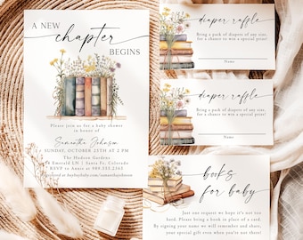 May include: A baby shower invitation set featuring a stack of books with wildflowers, including a main card titled A New Chapter Begins, two diaper raffle cards, and a books for baby card, all with black script and serif typography on white paper.