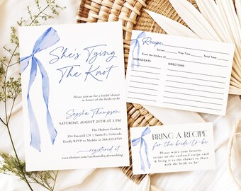 Shes Tying The Knot Bridal Shower Invitation Template, Printable Blue Bow Brunch Invite Set, DIY Editable Ribbon Wedding Shower Invites, TK