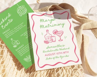 Margs und Matrimony Junggesellinnenparty-Einladung, Margaritta Bach-Party-Reiseplan, bearbeitbare letzte Fiesta Beach Bachelorette-Wochenende einladen