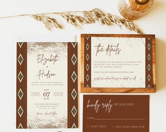 Könnte beinhalten: Ein Hochzeitseinladungs-Set bestehend aus einer Haupteinladung, einer Detailkarte und einer Antwortkarte. Das Briefpapier hat eine cremefarbene und braune Farbpalette mit geometrischen Rautenmustern und elegantem Text.