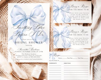 Something Blue Before I Do Bridal Shower Invitation She's Tying the Knot Invite Set Blue Ribbon Bow Bridal Shower Invite Template Set X2