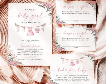 May include: A baby shower invitation set featuring pink floral accents and illustrations of baby clothes on a clothesline. The text includes A SWEET baby girl IS ON HER WAY, diaper raffle, and books for baby with event details for Samantha Johnson.
