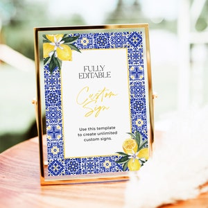 Mediterranean Lemon Bridal Shower Sign Template, Italian Amalfi Coast Blue Tiles Frame Signs, Customizable Printable Positano Chinoiserie DB
