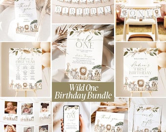 Wild One First Birthday Invitation Bundle, Safari Animals 1st Birthday Invitation Template Editable Jungle Boy First Birthday Decorations WO