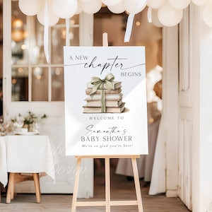 Szablon powitalnego napisu na baby shower z nowym rozdziałem, edytowalny plakat z motywem bajki, zielony napis na przyjęciu z motywem książki z kokardą, początek nowej historii, Wielka Brytania zdjęcie 2