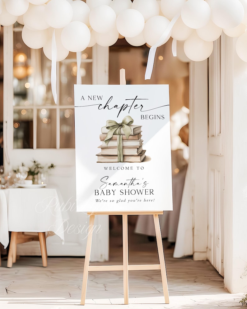 Szablon powitalnego napisu na baby shower z nowym rozdziałem, edytowalny plakat z motywem bajki, zielony napis na przyjęciu z motywem książki z kokardą, początek nowej historii, Wielka Brytania zdjęcie 2