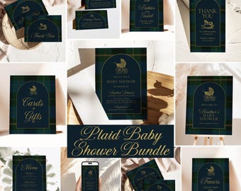 May include: A collection of baby shower stationery featuring a dark green and navy blue plaid pattern with gold foil accents. Each card displays an arched frame, gold text, and illustrations of a vintage baby carriage or rocking horse.
