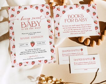 Strawberry Baby Shower Invitation Template, Berry Sweet Baby on the Way Invite, DIY Editable Self Edit Printable Invites, Evite SB