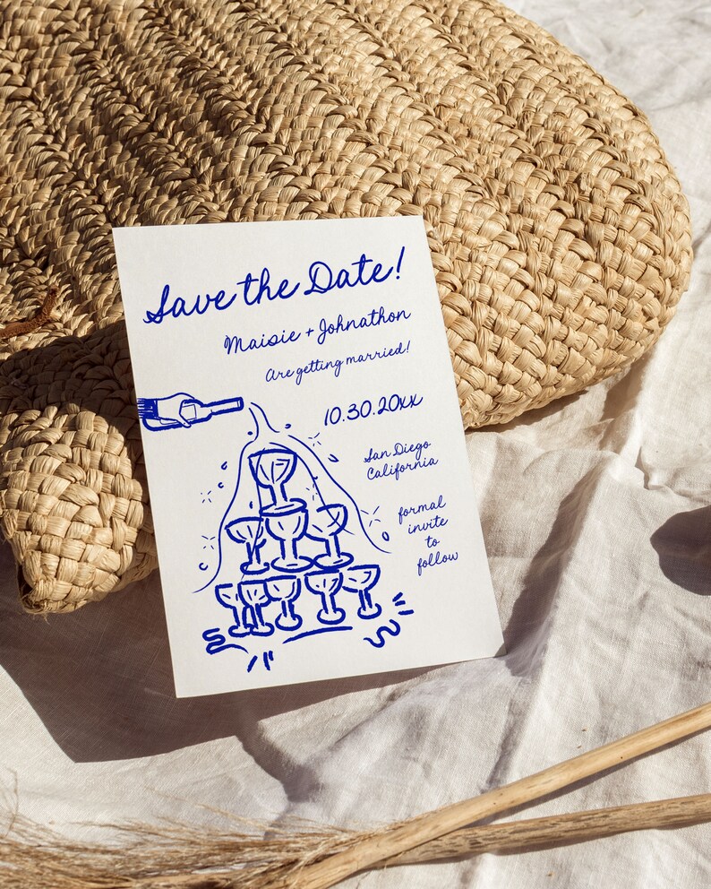 French Style Inspired Save the Date Template, DIY Editable Hand Drawn Champagne Tower Invite, Customizable Handwritten Doodle Text PR image 2